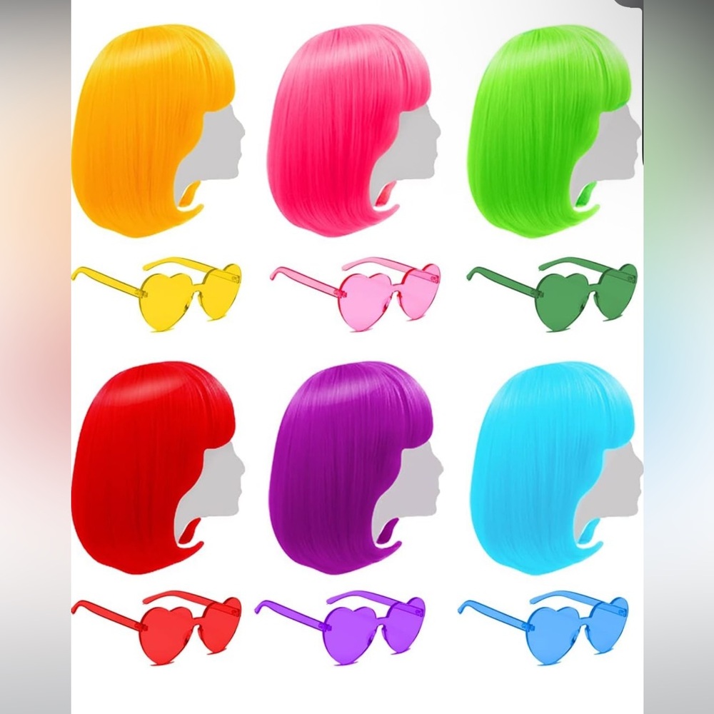 Set of 6 Neon Bob Hair Wig Set with Matching Sunglasses - 12 PCS